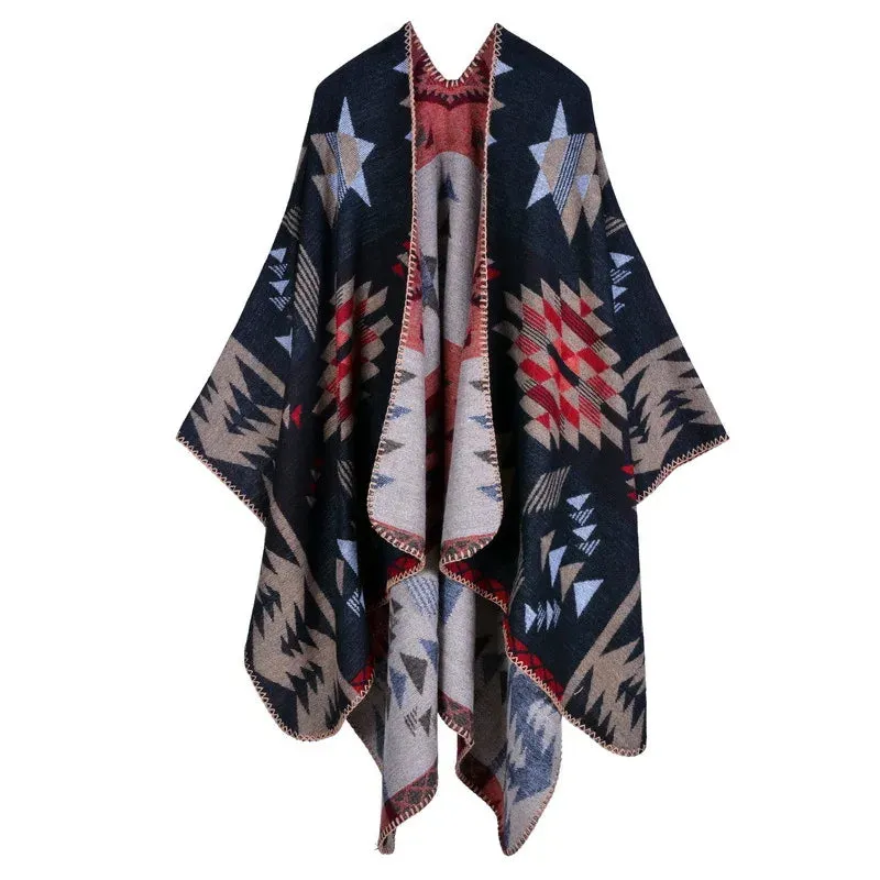 Fall Ponchos Plus Size Block Plaid Open Front Sweater Boho Coat