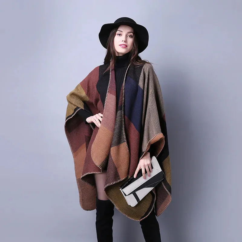 Fall Ponchos Plus Size Block Plaid Open Front Sweater Boho Coat