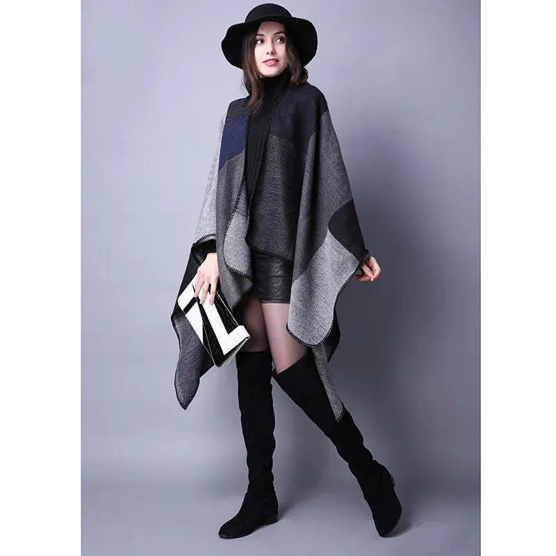 Fall Ponchos Plus Size Block Plaid Open Front Sweater Boho Coat