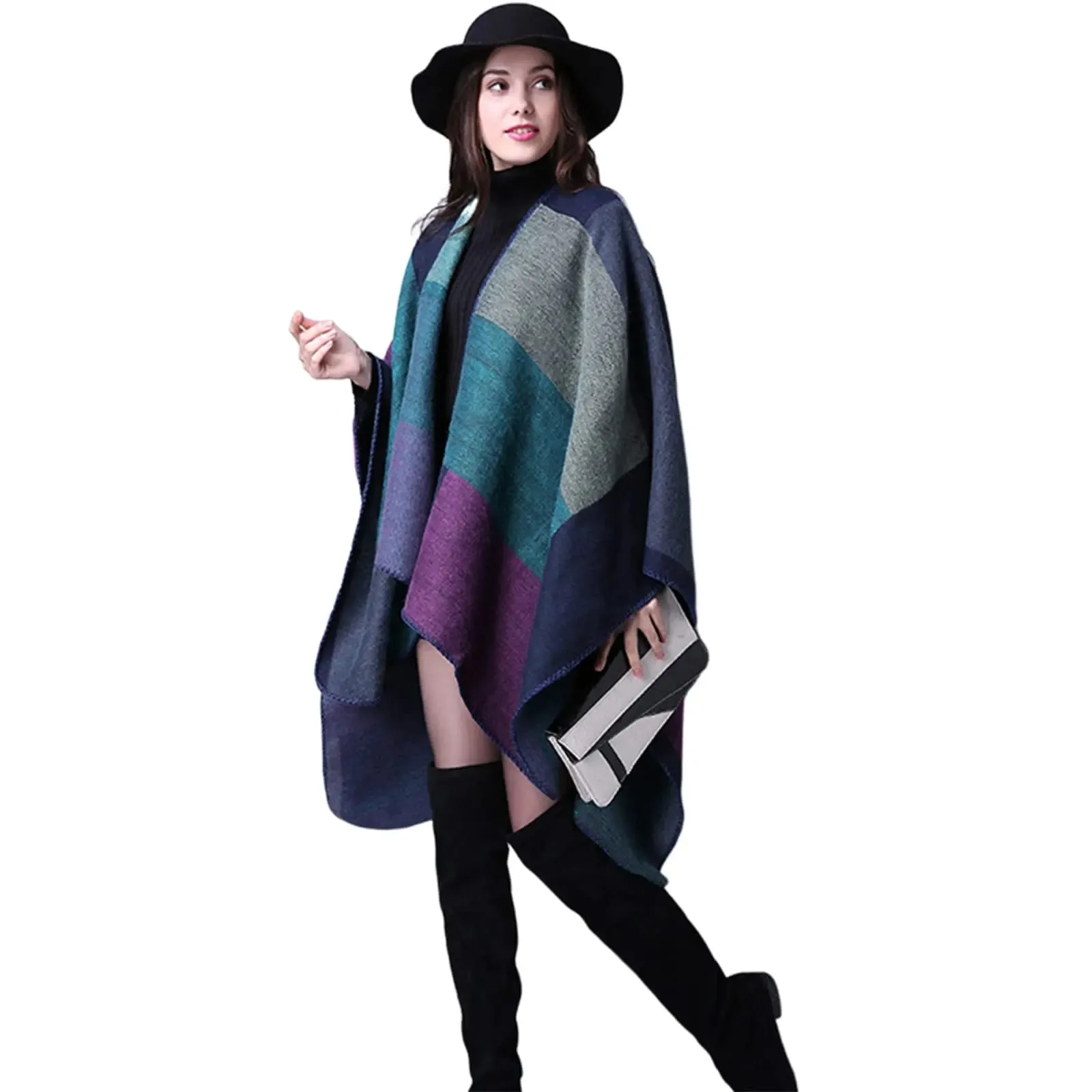 Fall Ponchos Plus Size Block Plaid Open Front Sweater Boho Coat