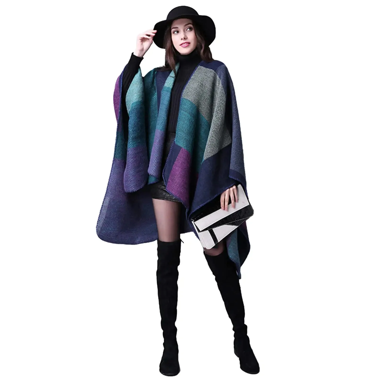 Fall Ponchos Plus Size Block Plaid Open Front Sweater Boho Coat