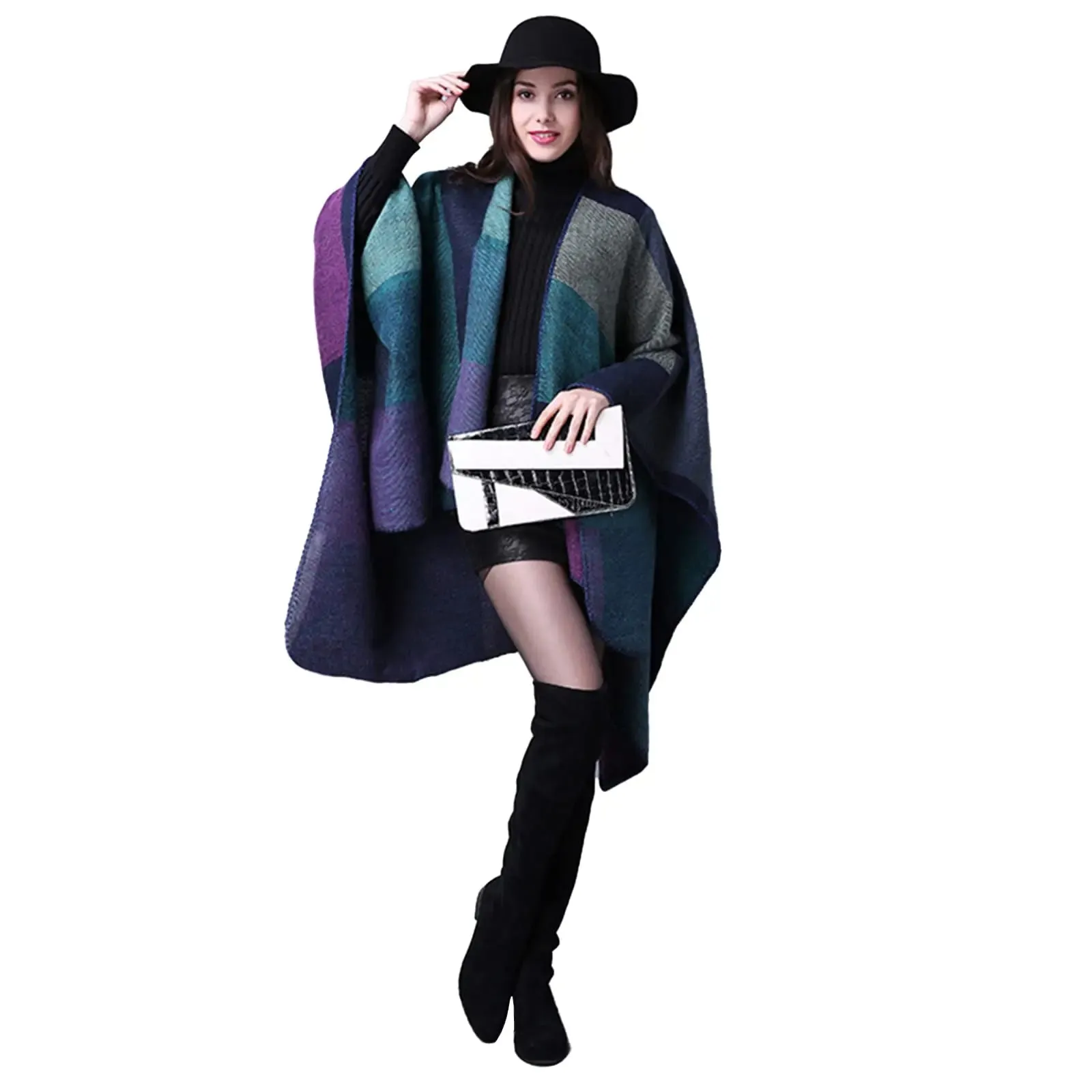 Fall Ponchos Plus Size Block Plaid Open Front Sweater Boho Coat