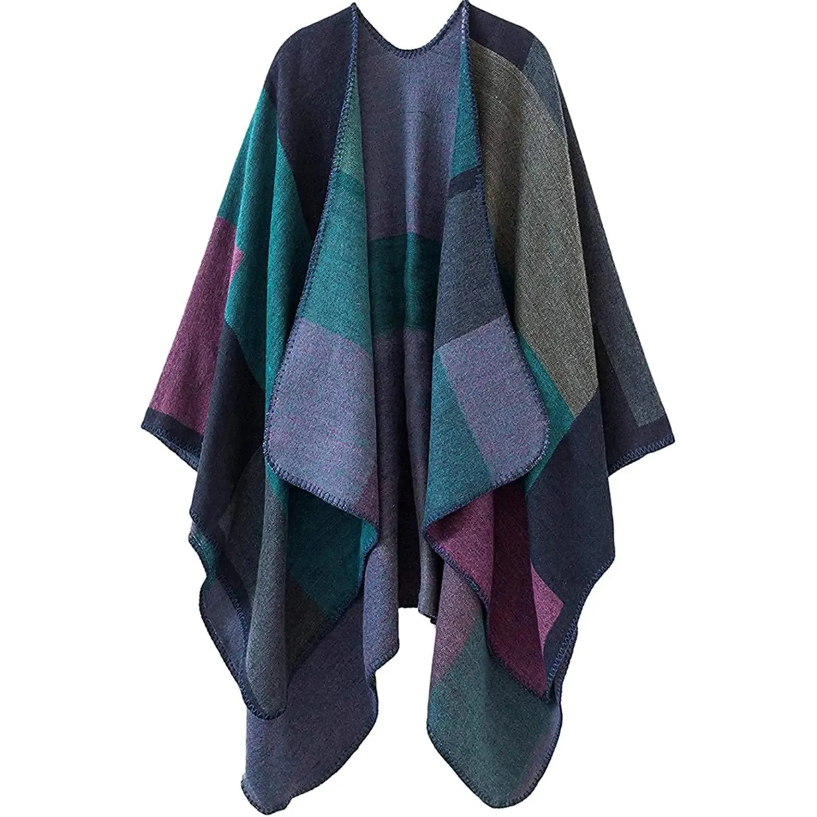 Fall Ponchos Plus Size Block Plaid Open Front Sweater Boho Coat