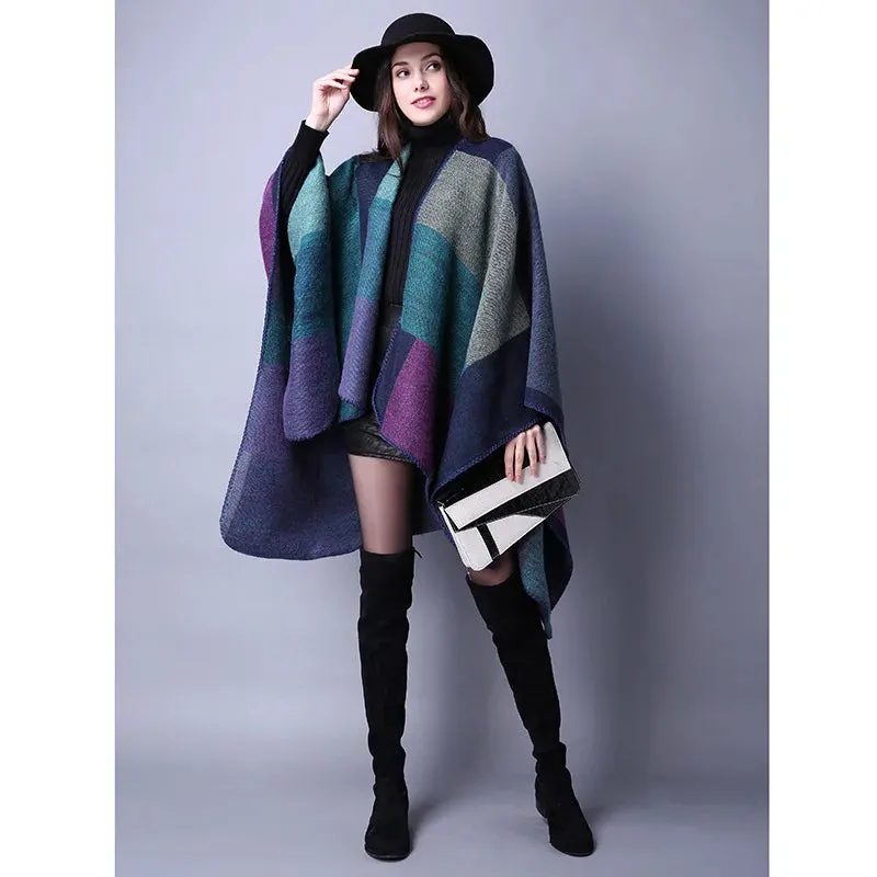 Fall Ponchos Plus Size Block Plaid Open Front Sweater Boho Coat