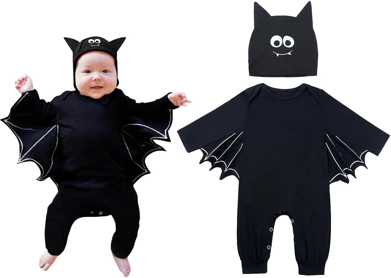 FANCYINN Infant Baby Black Bat Costumes Orange Cloak Romper with Big Ear Hat Halloween Bat Outfits 2pcs 3-6 Months 70
