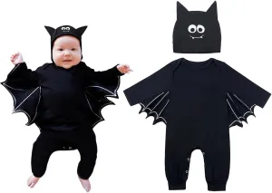 FANCYINN Infant Baby Black Bat Costumes Orange Cloak Romper with Big Ear Hat Halloween Bat Outfits 2pcs 3-6 Months 70