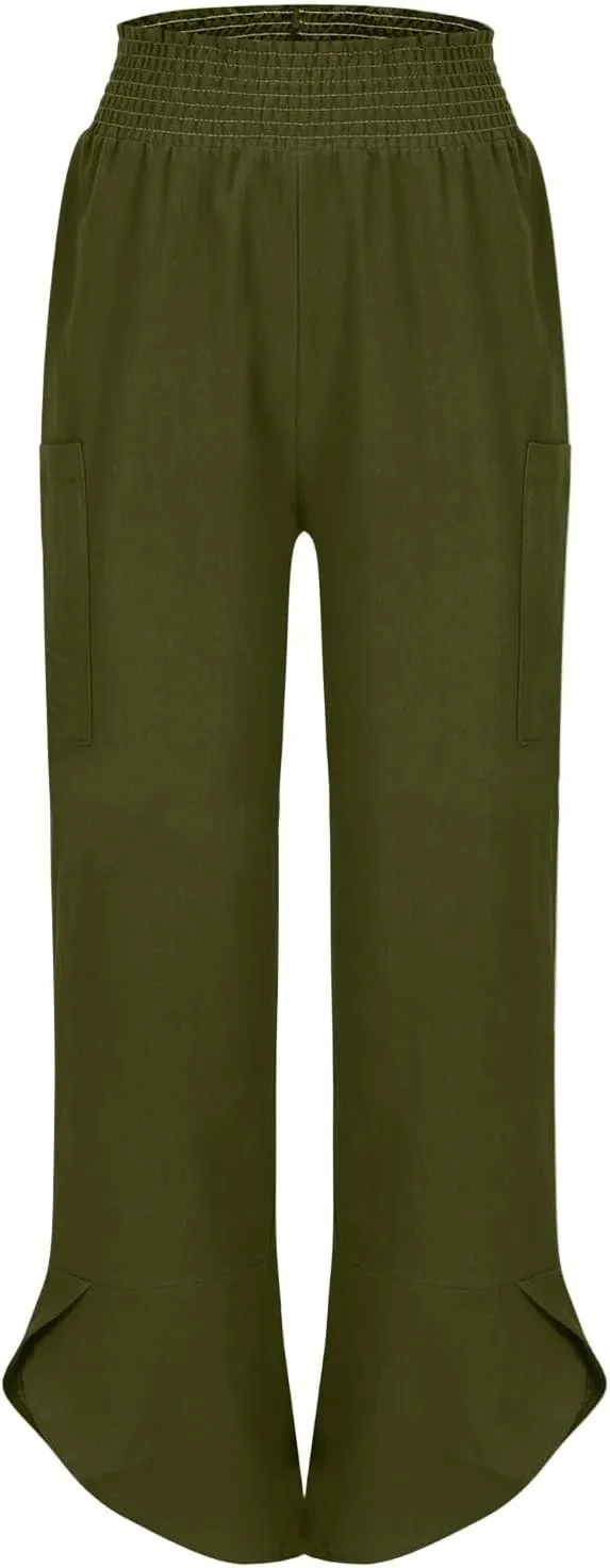 fanmpghleoo Harem Pants Women Cropped Wide Leg Linen Pants Summer Smocked Elastic Waist Yoga Pull On Capris with Pockets