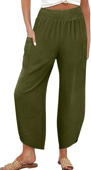 fanmpghleoo Harem Pants Women Cropped Wide Leg Linen Pants Summer Smocked Elastic Waist Yoga Pull On Capris with Pockets