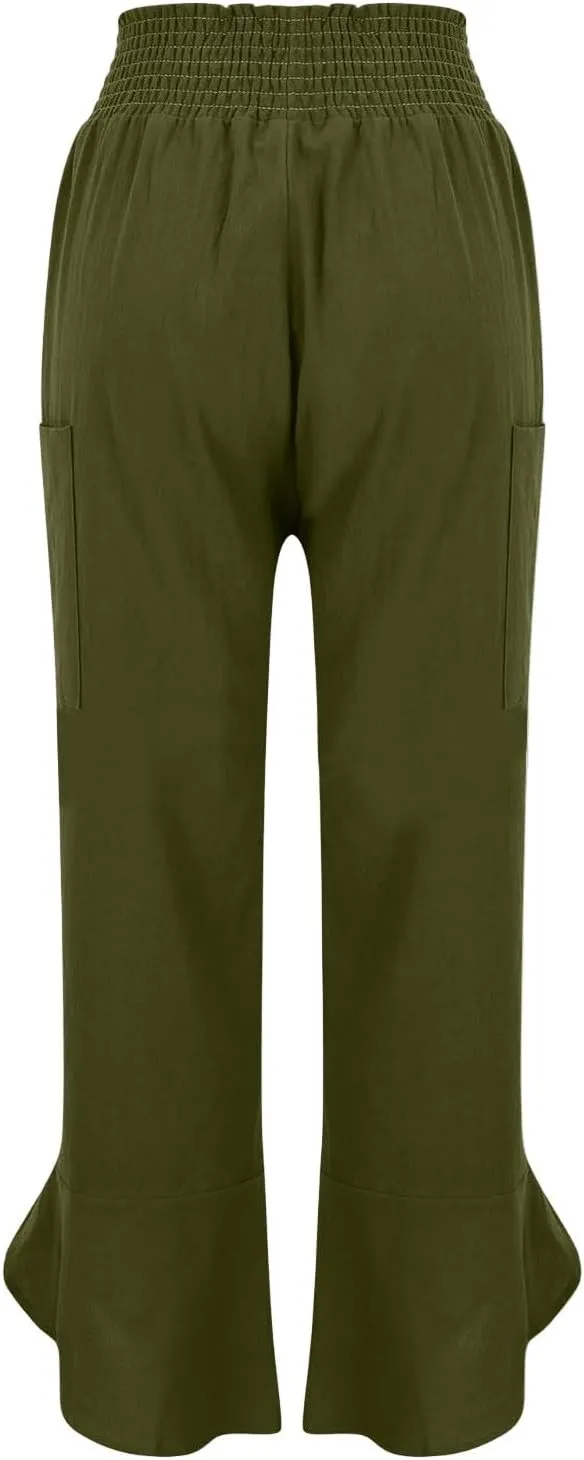 fanmpghleoo Harem Pants Women Cropped Wide Leg Linen Pants Summer Smocked Elastic Waist Yoga Pull On Capris with Pockets