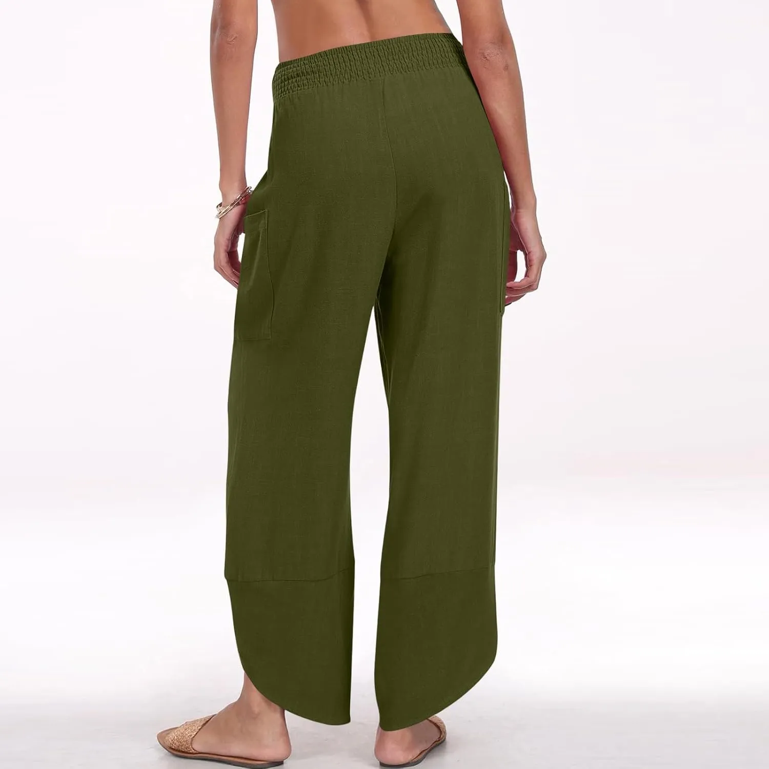 fanmpghleoo Harem Pants Women Cropped Wide Leg Linen Pants Summer Smocked Elastic Waist Yoga Pull On Capris with Pockets