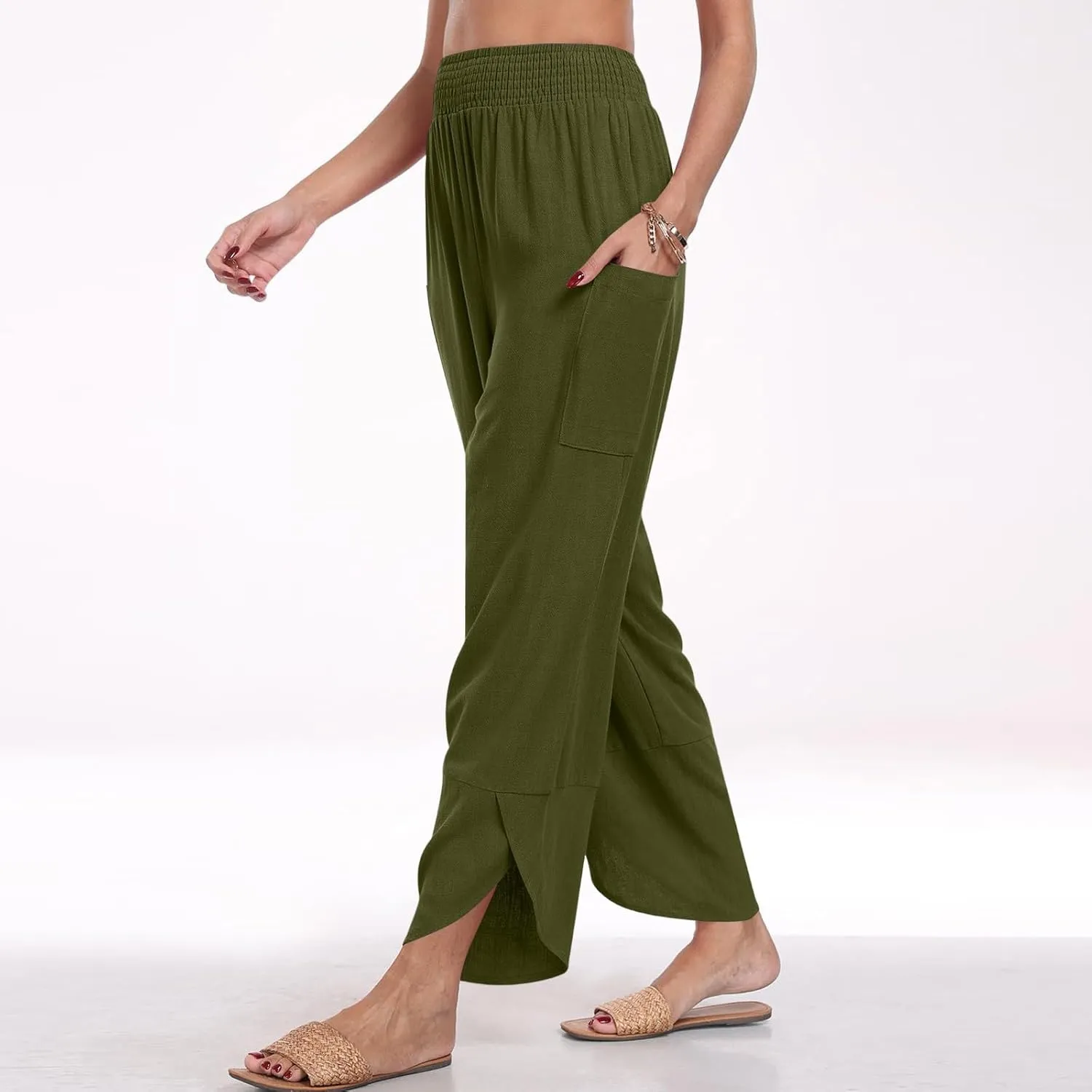 fanmpghleoo Harem Pants Women Cropped Wide Leg Linen Pants Summer Smocked Elastic Waist Yoga Pull On Capris with Pockets