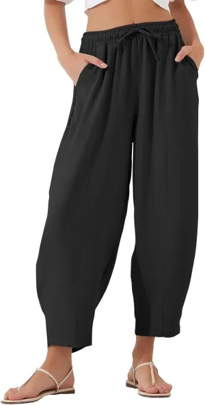 fanmpghleoo Linen Harem Pants Women with Pockets Drawstring Wide Leg Pirate Pants High Waisted Capri Joggers with Pockets