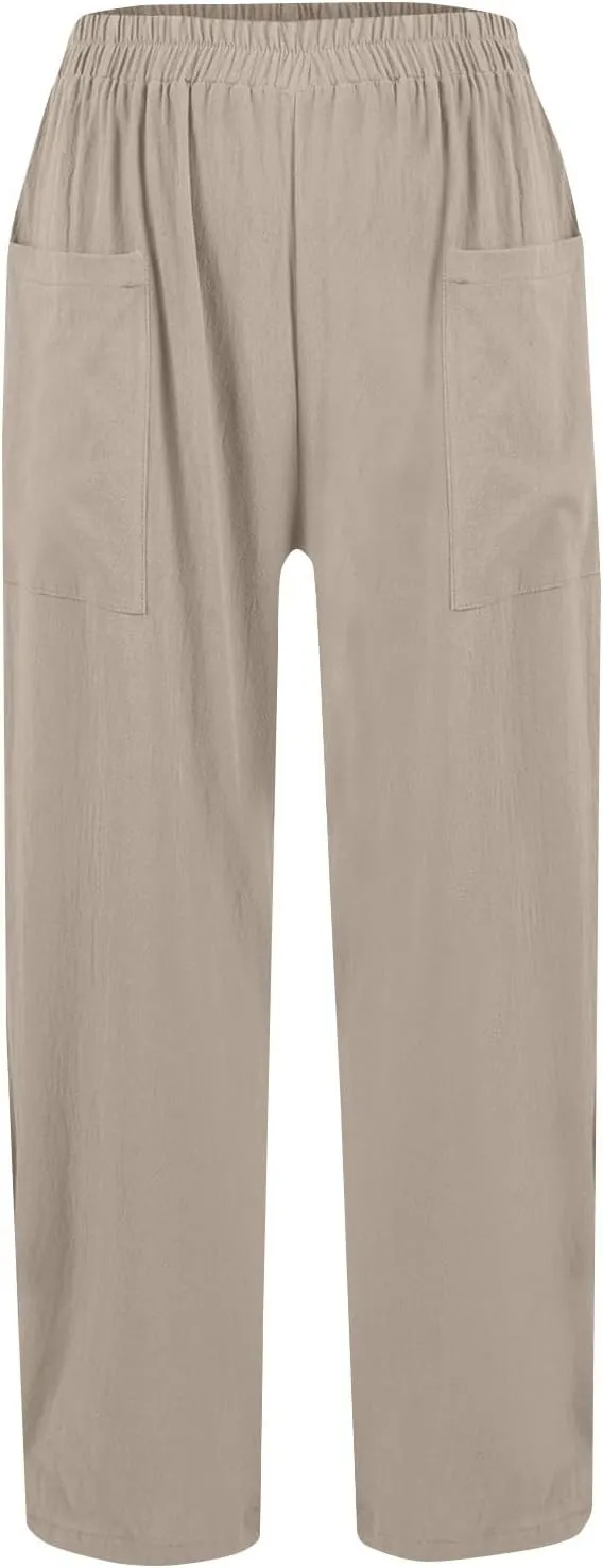 fanmpghleoo Linen Pants Women Summer Elastic High Waisted Wide Leg Linen Pants for Women 2025 Comfy Lounge Pants with Pockets