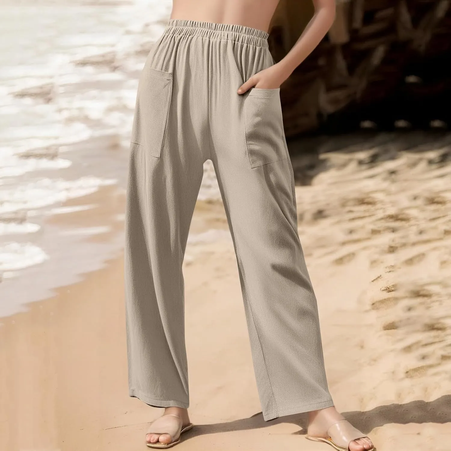fanmpghleoo Linen Pants Women Summer Elastic High Waisted Wide Leg Linen Pants for Women 2025 Comfy Lounge Pants with Pockets