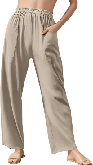 fanmpghleoo Linen Pants Women Summer Elastic High Waisted Wide Leg Linen Pants for Women 2025 Comfy Lounge Pants with Pockets