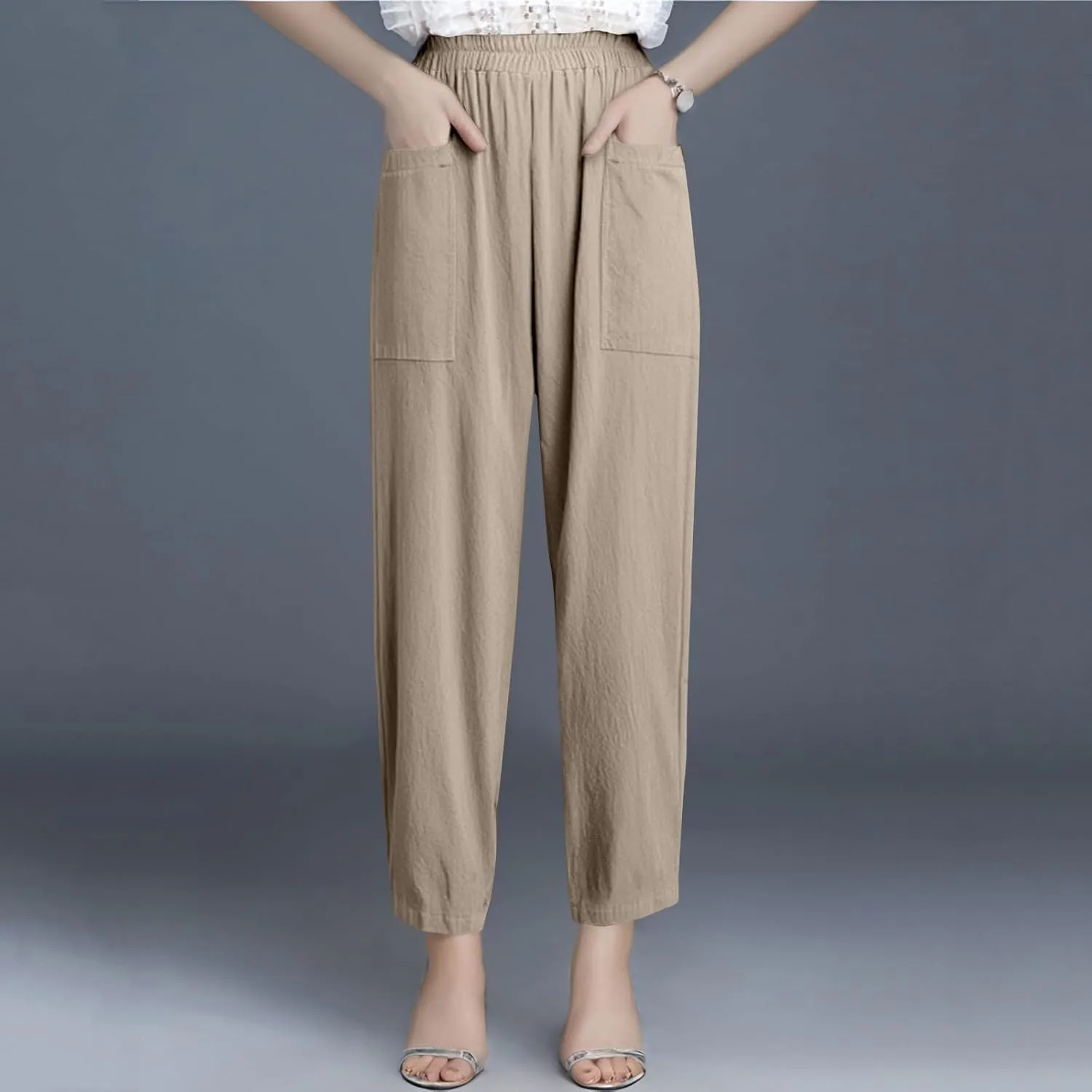 fanmpghleoo Linen Pants Women Summer Elastic High Waisted Wide Leg Linen Pants for Women 2025 Comfy Lounge Pants with Pockets