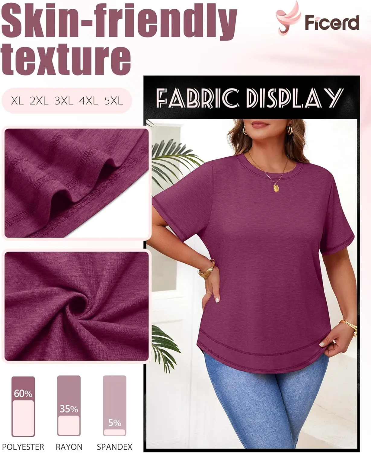 Ficerd 3 Pack Women's Plus Size T Shirts, Short Sleeve Crew Neck Shirts Curved Hem Casual Trendy Tops Loose Fit Summer Tee