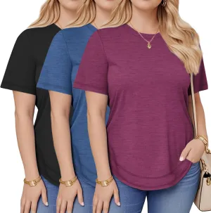 Ficerd 3 Pack Women's Plus Size T Shirts, Short Sleeve Crew Neck Shirts Curved Hem Casual Trendy Tops Loose Fit Summer Tee