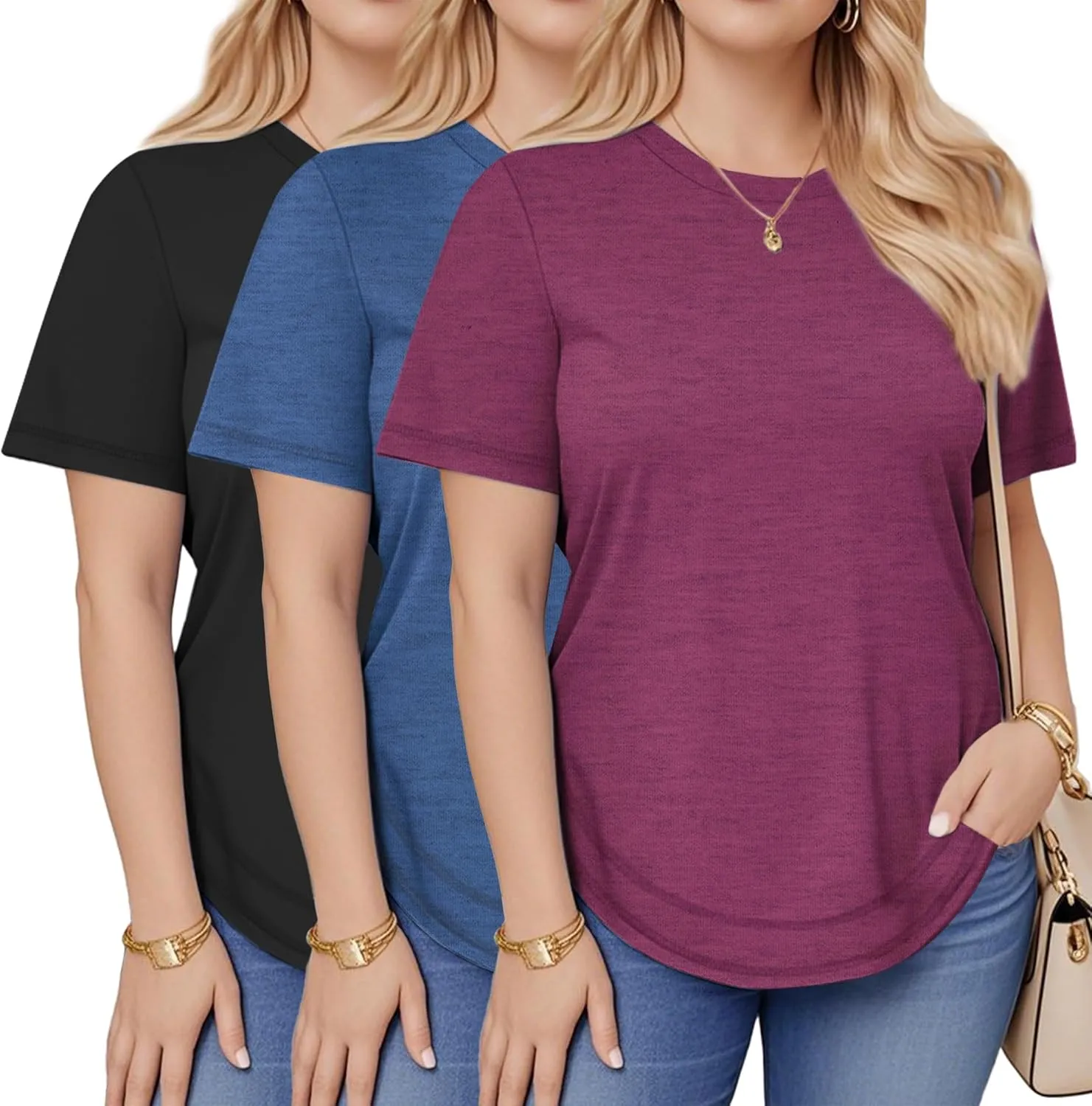 Ficerd 3 Pack Women's Plus Size T Shirts, Short Sleeve Crew Neck Shirts Curved Hem Casual Trendy Tops Loose Fit Summer Tee