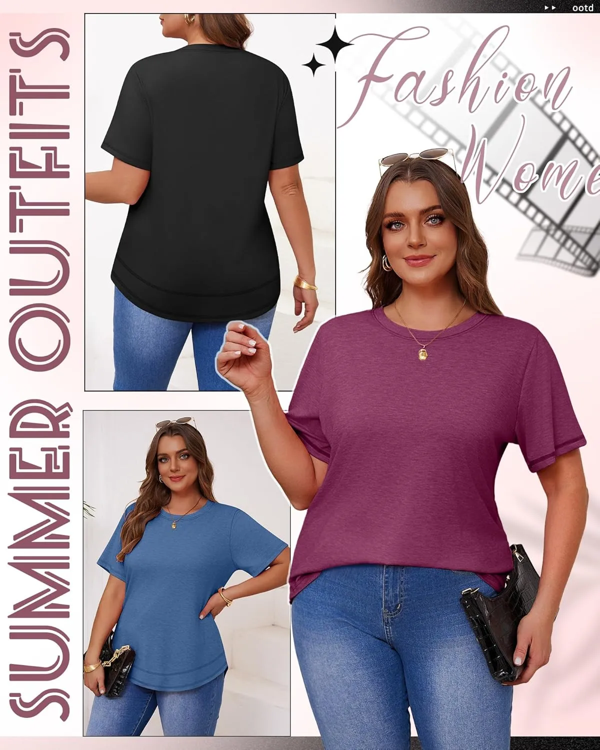 Ficerd 3 Pack Women's Plus Size T Shirts, Short Sleeve Crew Neck Shirts Curved Hem Casual Trendy Tops Loose Fit Summer Tee