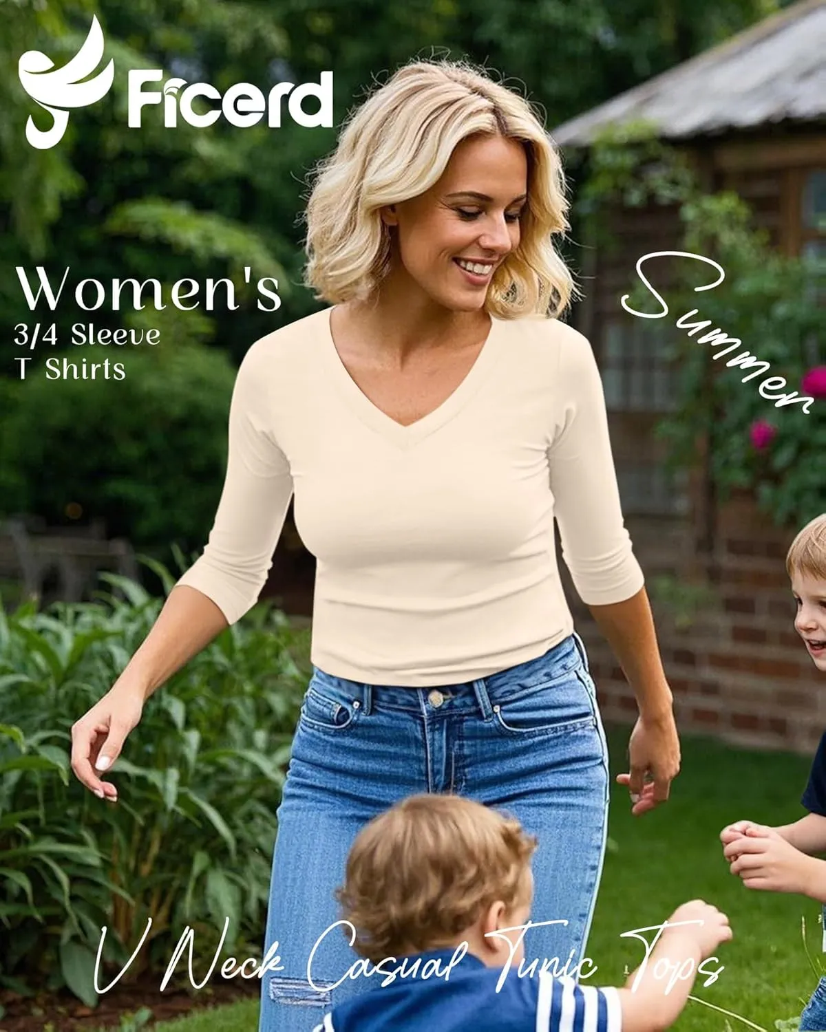 Ficerd 4 Pack Women's 3/4 Sleeve T Shirts, V Neck Casual Tunic Tops Loose Fit Cotton Shirts Solid Color Summer Tees