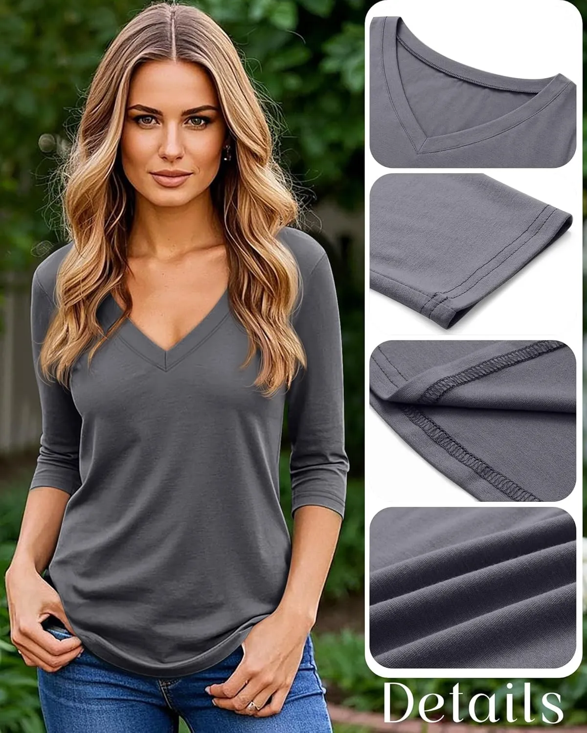 Ficerd 4 Pack Women's 3/4 Sleeve T Shirts, V Neck Casual Tunic Tops Loose Fit Cotton Shirts Solid Color Summer Tees