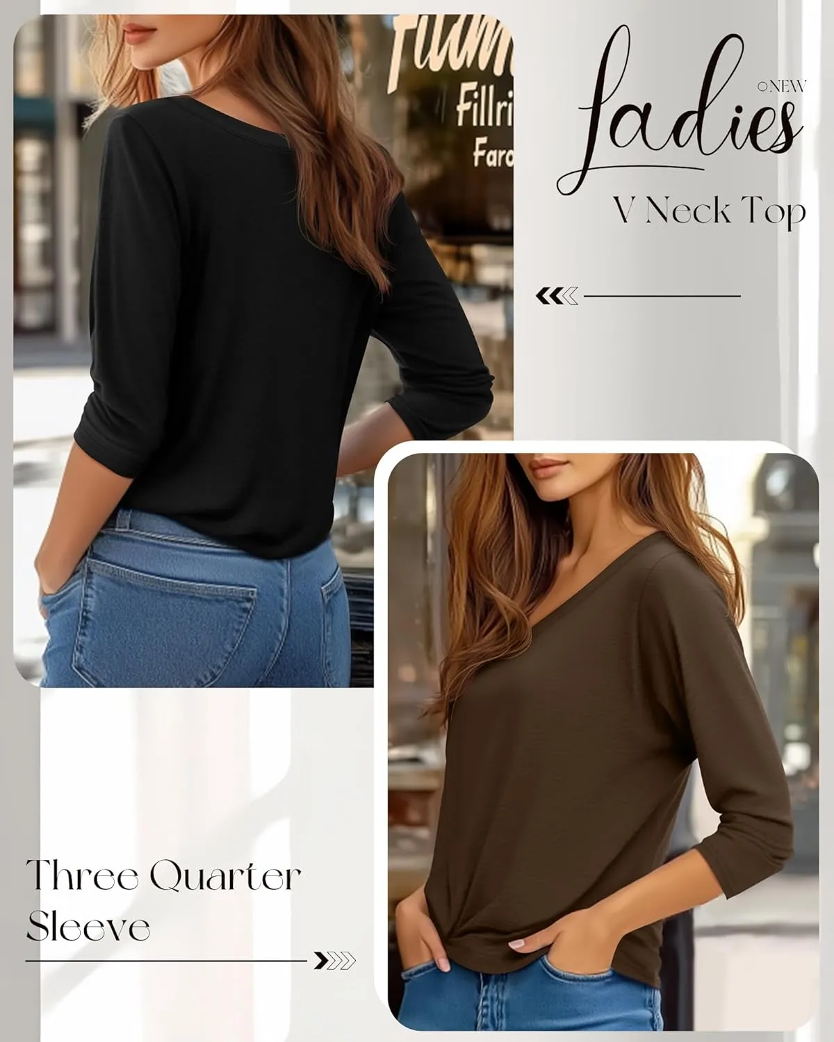 Ficerd 4 Pack Women's 3/4 Sleeve T Shirts, V Neck Casual Tunic Tops Loose Fit Cotton Shirts Solid Color Summer Tees