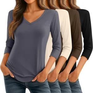 Ficerd 4 Pack Women's 3/4 Sleeve T Shirts, V Neck Casual Tunic Tops Loose Fit Cotton Shirts Solid Color Summer Tees