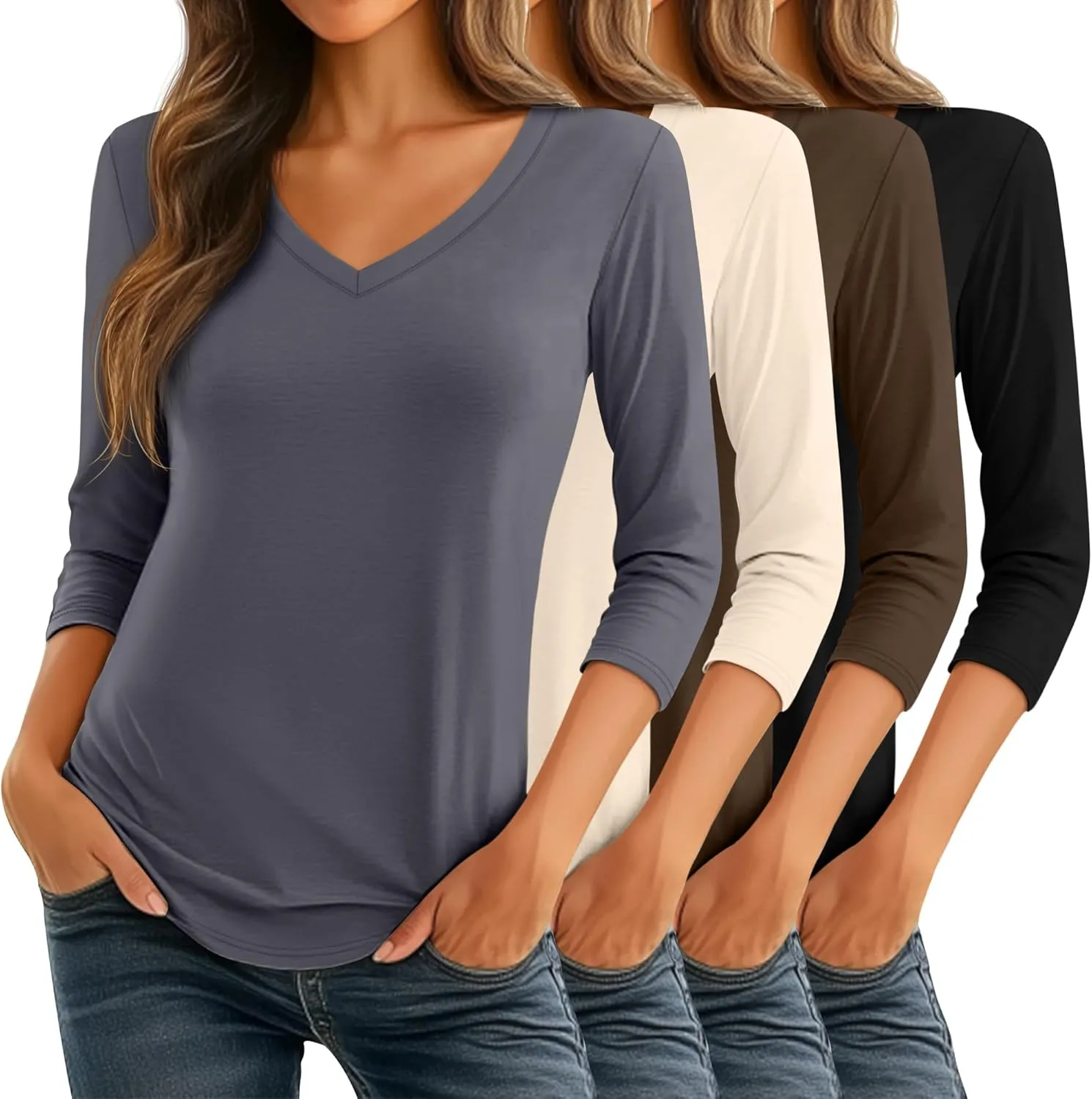 Ficerd 4 Pack Women's 3/4 Sleeve T Shirts, V Neck Casual Tunic Tops Loose Fit Cotton Shirts Solid Color Summer Tees