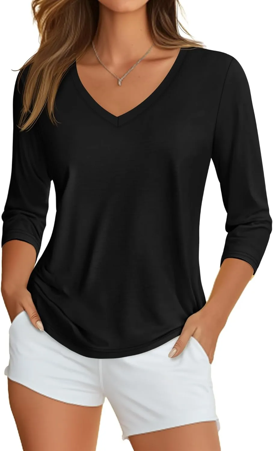 Ficerd 4 Pack Women's 3/4 Sleeve T Shirts, V Neck Casual Tunic Tops Loose Fit Cotton Shirts Solid Color Summer Tees