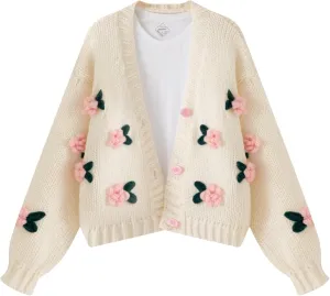 FindThy Womens Kawaii Strawberry Embroidered Cardigan Long Sleeve V Neck Chunky Knitted Cardigans Tops
