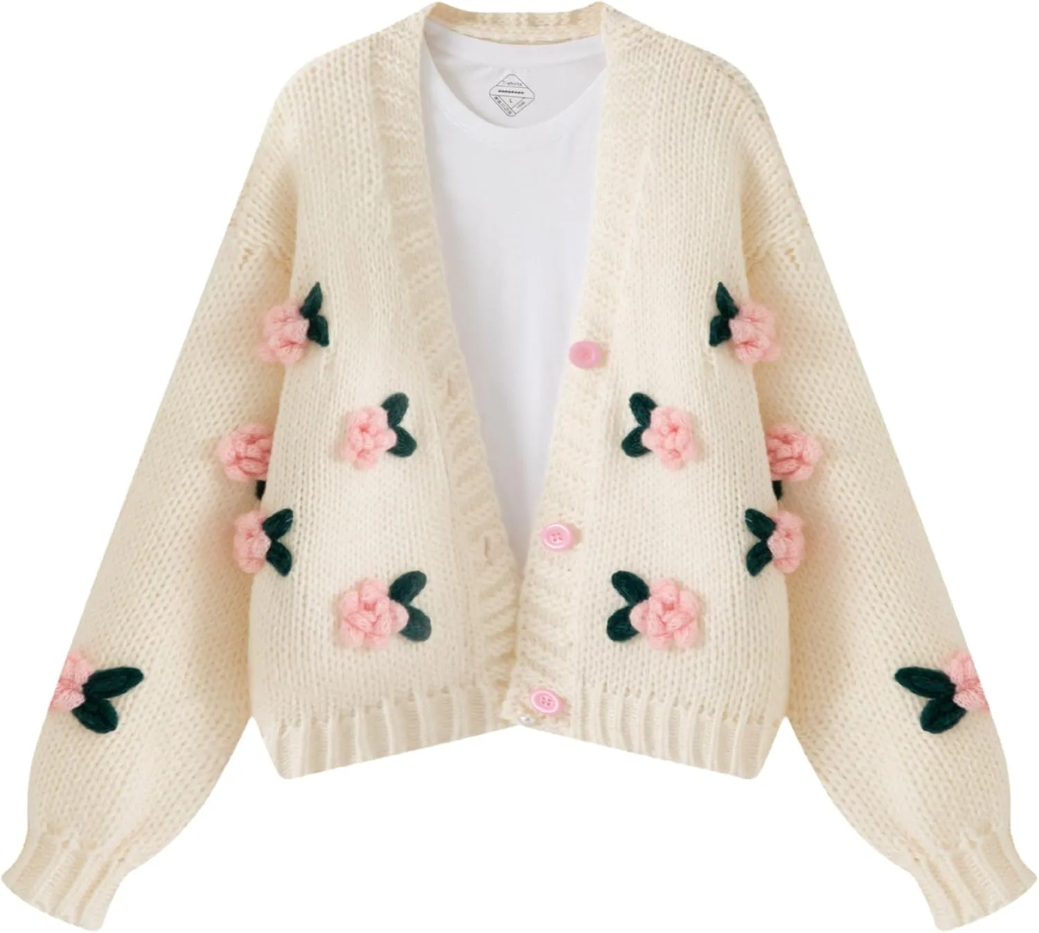 FindThy Womens Kawaii Strawberry Embroidered Cardigan Long Sleeve V Neck Chunky Knitted Cardigans Tops