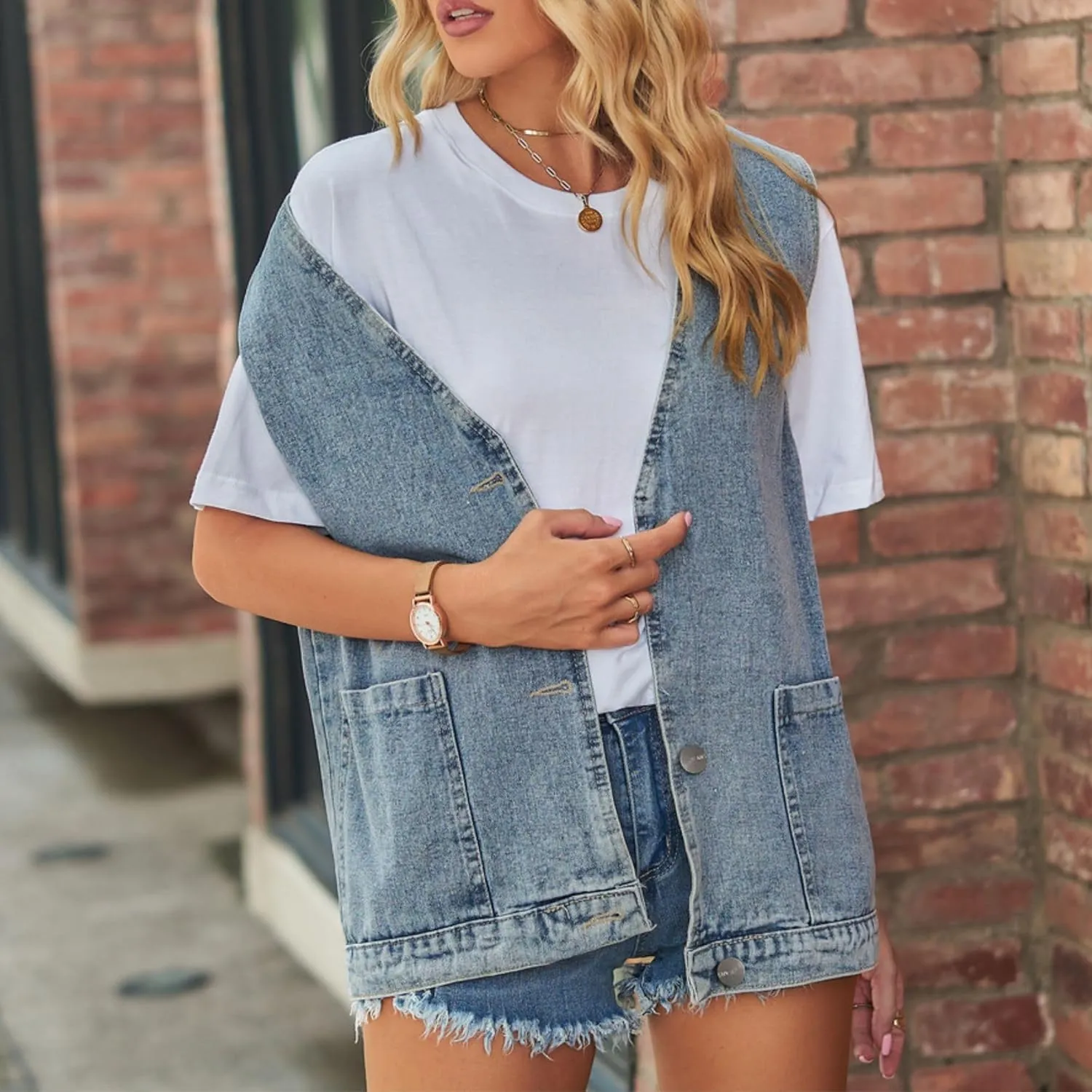 FindThy Womens Vintage Denim Jean Vest Oversized Button Down Jean Waistcoat Gilet