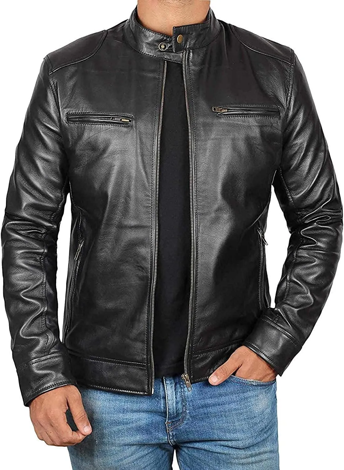 fjackets Men's Motorcycle Leather Jacket - Vintage Stylish Soft Lambskin Real Leather Biker Jacket Men