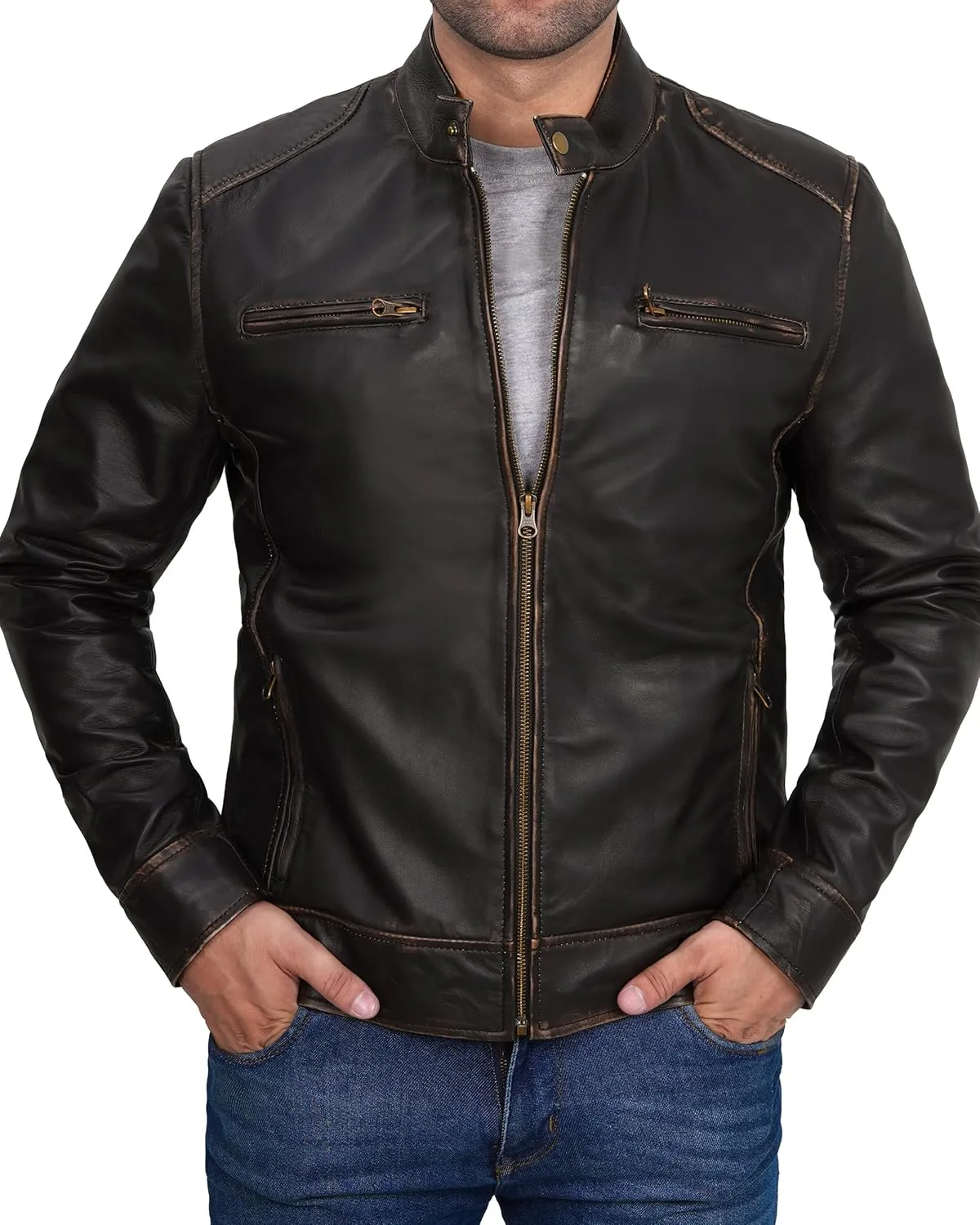 fjackets Men's Motorcycle Leather Jacket - Vintage Stylish Soft Lambskin Real Leather Biker Jacket Men