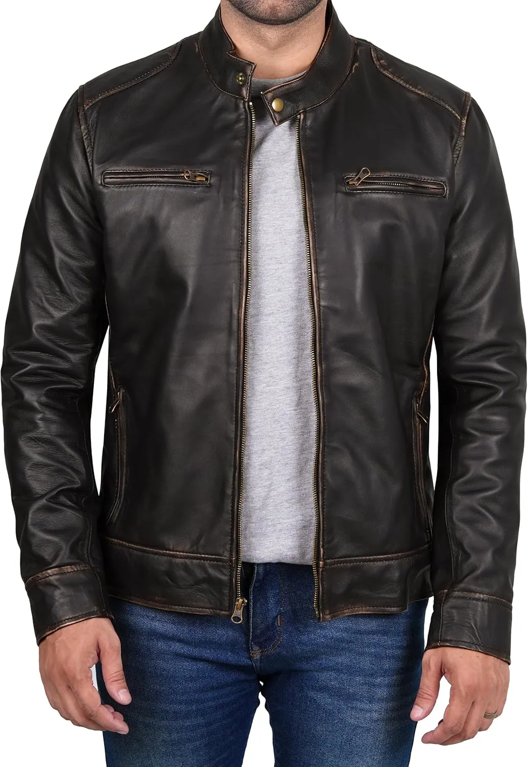 fjackets Men's Motorcycle Leather Jacket - Vintage Stylish Soft Lambskin Real Leather Biker Jacket Men