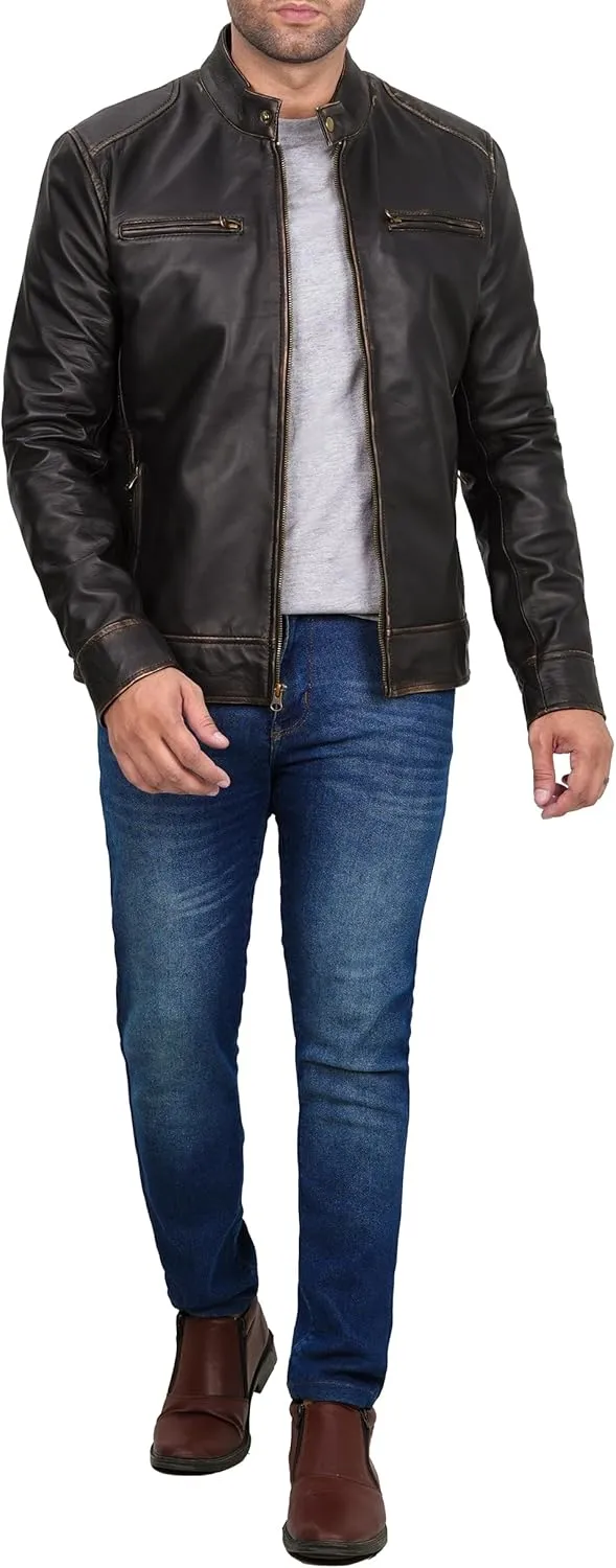 fjackets Men's Motorcycle Leather Jacket - Vintage Stylish Soft Lambskin Real Leather Biker Jacket Men