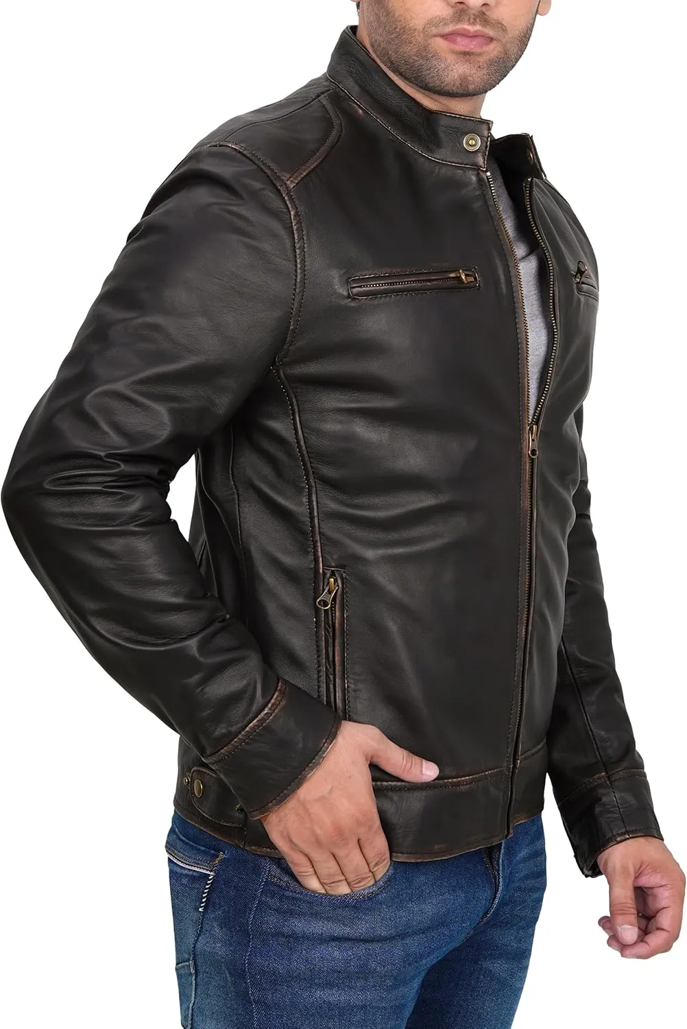 fjackets Men's Motorcycle Leather Jacket - Vintage Stylish Soft Lambskin Real Leather Biker Jacket Men