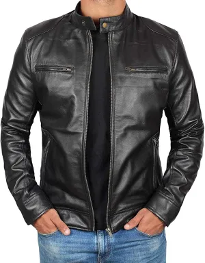 fjackets Men's Motorcycle Leather Jacket - Vintage Stylish Soft Lambskin Real Leather Biker Jacket Men