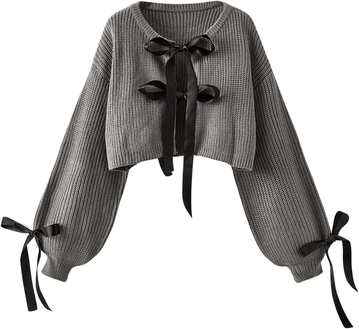 Floerns Women's Long Sleeve Bow Tie Front Knitted Cardigans Drop Shoulder Crop Sweaters