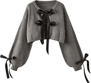 Floerns Women's Long Sleeve Bow Tie Front Knitted Cardigans Drop Shoulder Crop Sweaters