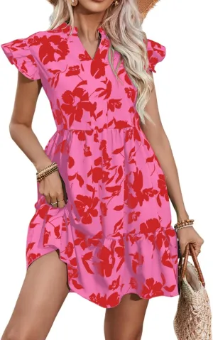 Floral Dress for Women Summer V Neck Ruffle Cap Sleeve Midi Dresses Flowy Boho Casual Beach Vacation Dress