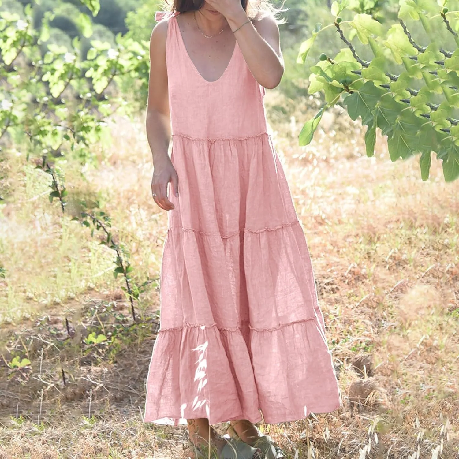 Flowy Linen Dress Women Beach Vacation Maxi Dresses Sundress Trendy Casual Sleeveless Tiered Dress Summer 2025