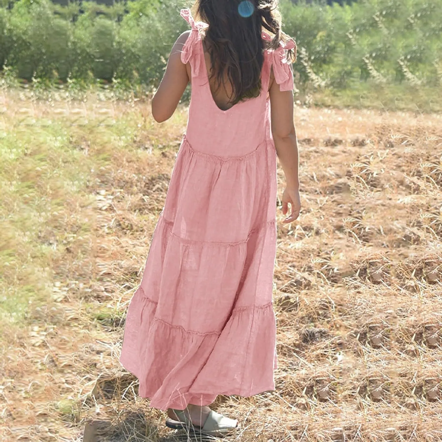Flowy Linen Dress Women Beach Vacation Maxi Dresses Sundress Trendy Casual Sleeveless Tiered Dress Summer 2025