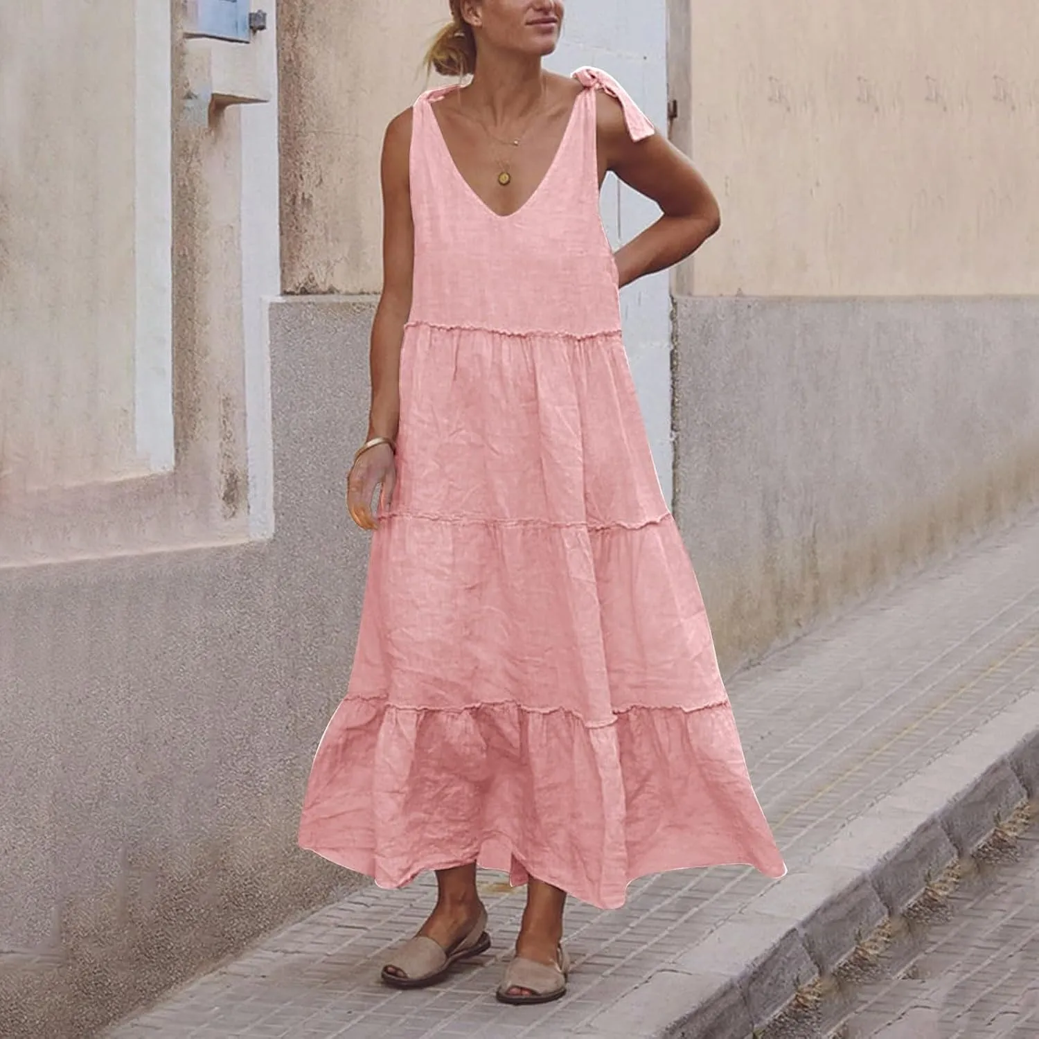 Flowy Linen Dress Women Beach Vacation Maxi Dresses Sundress Trendy Casual Sleeveless Tiered Dress Summer 2025