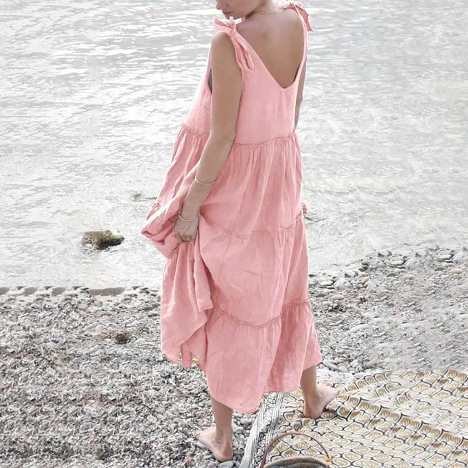 Flowy Linen Dress Women Beach Vacation Maxi Dresses Sundress Trendy Casual Sleeveless Tiered Dress Summer 2025