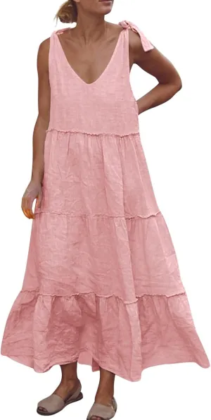 Flowy Linen Dress Women Beach Vacation Maxi Dresses Sundress Trendy Casual Sleeveless Tiered Dress Summer 2025