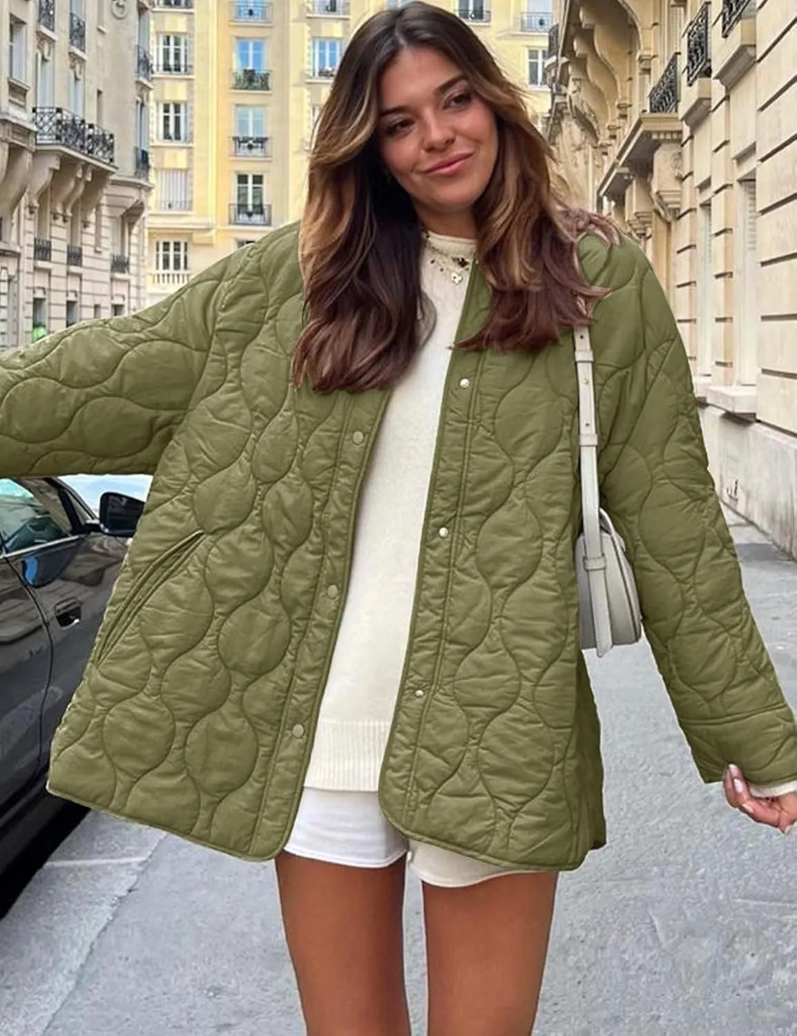 Flygo Women's Oversized Quilted Lightweight Jacket Button Down Puffer Padded Outerwear with Pocket