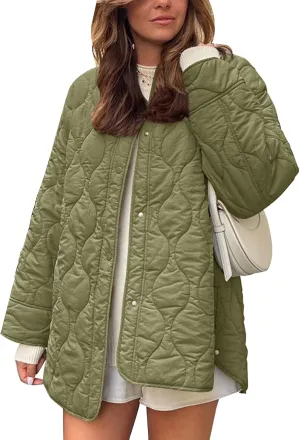 Flygo Women's Oversized Quilted Lightweight Jacket Button Down Puffer Padded Outerwear with Pocket
