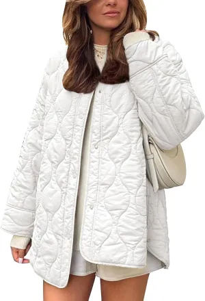 Flygo Women's Oversized Quilted Lightweight Jacket Button Down Puffer Padded Outerwear with Pocket